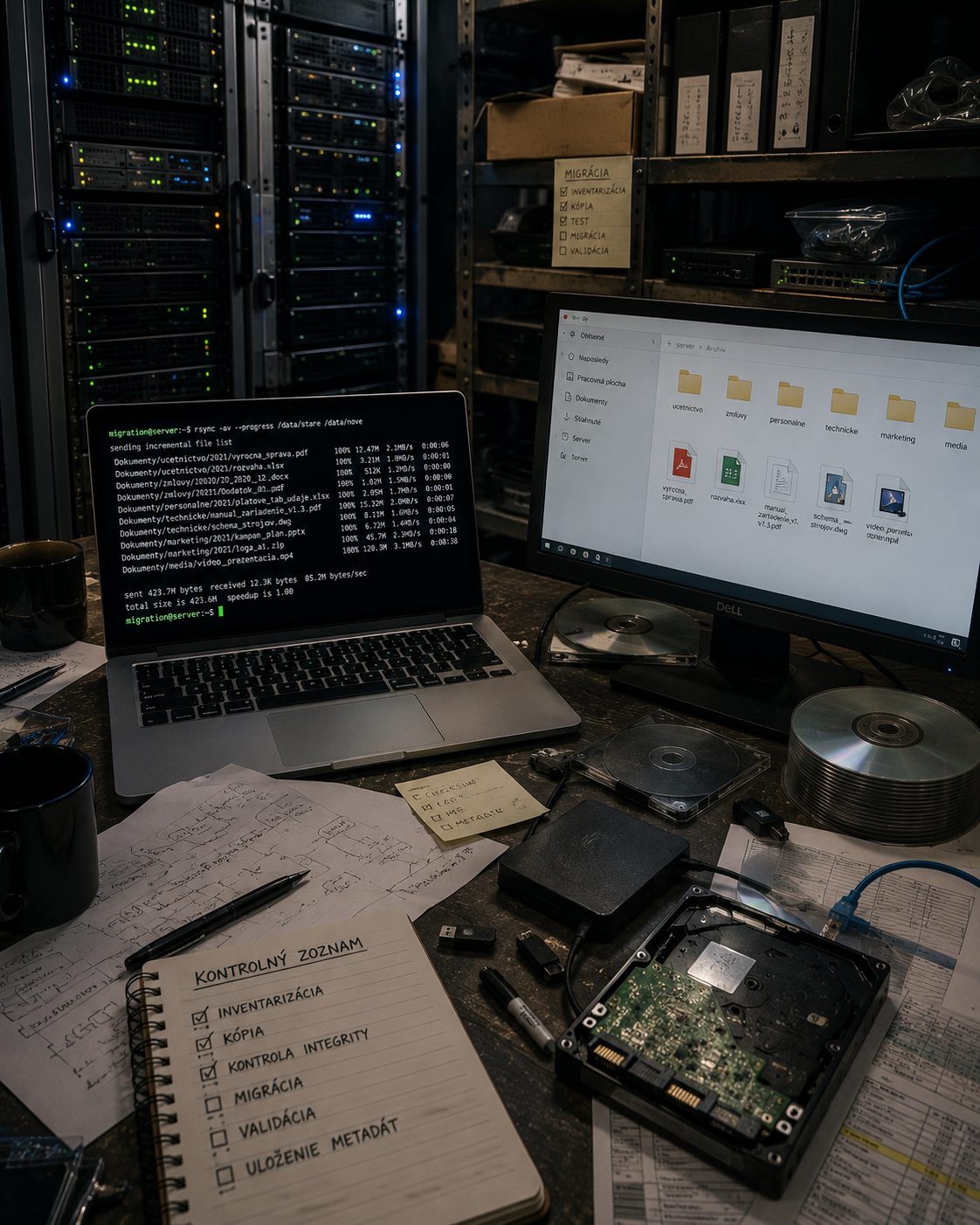 Pracovisko dlhodobej archivácie — notebook s výpisom kontroly integrity, disky, optické médiá a kontrolný zoznam