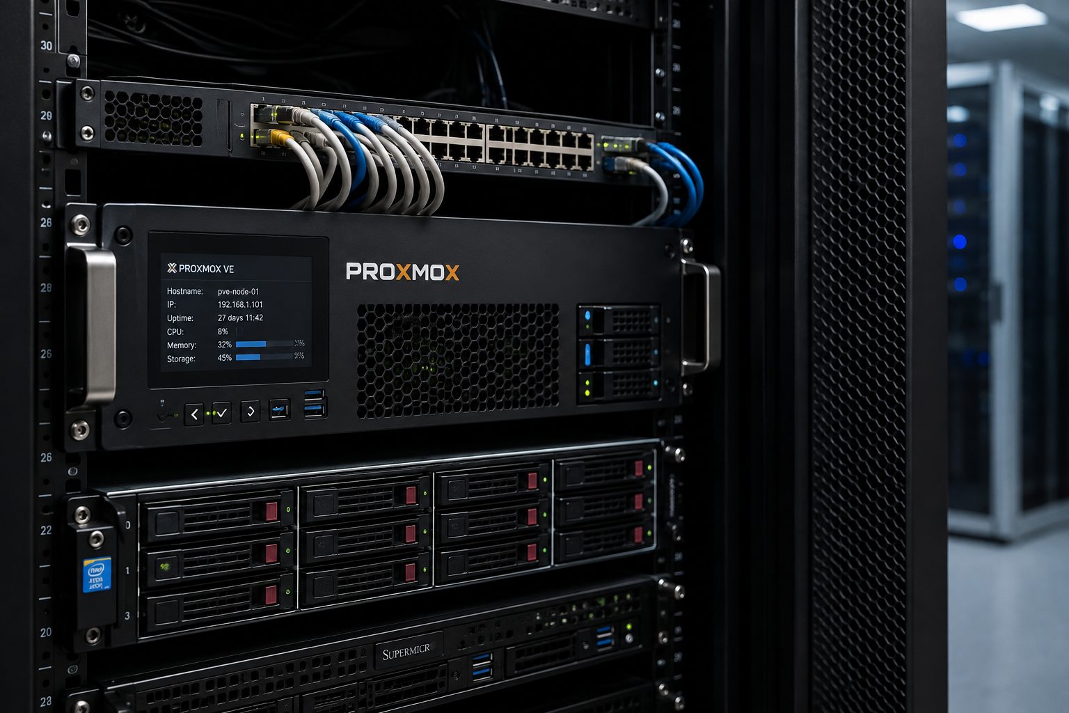 Server rack with a Proxmox VE node and a disk array