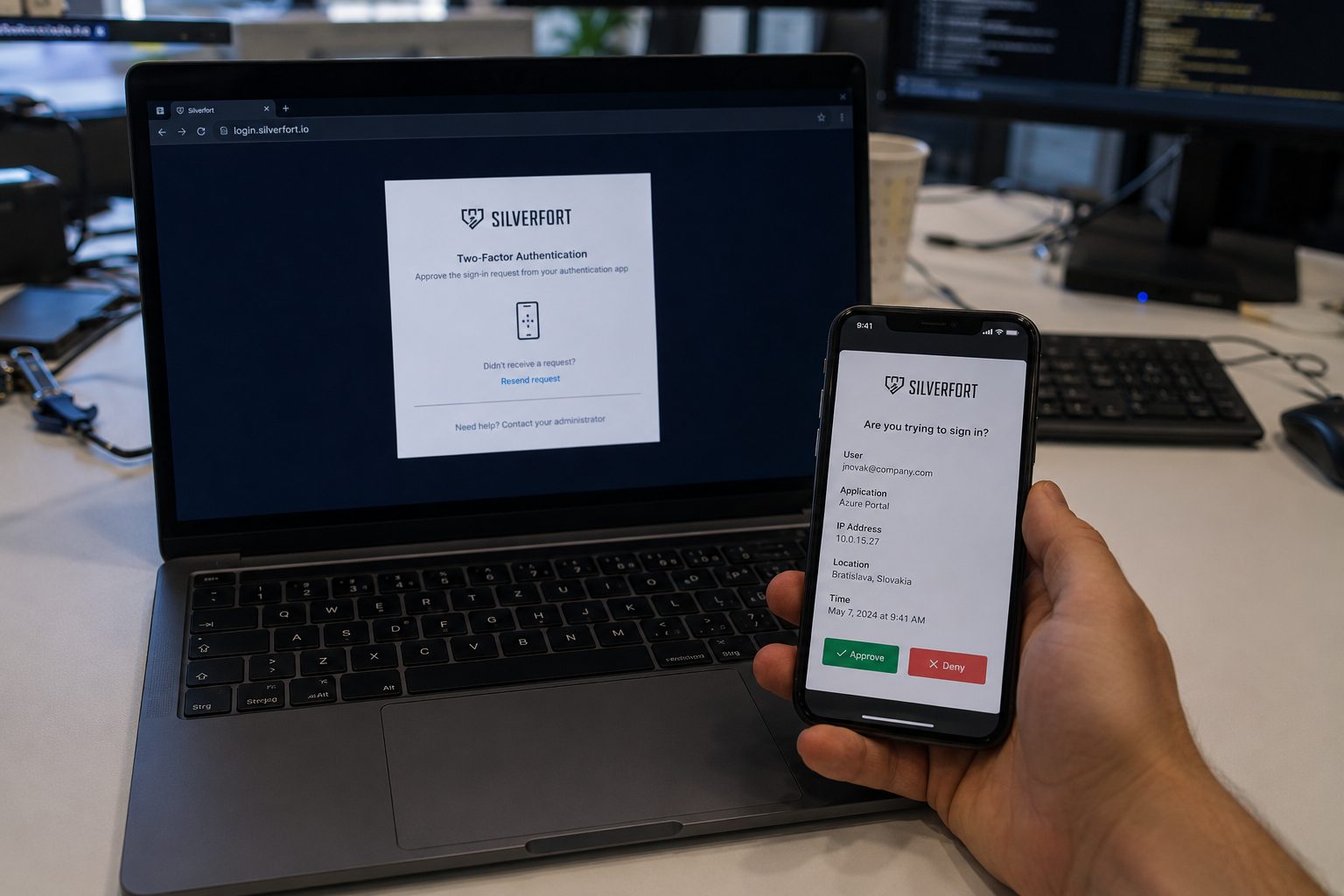 Dvojfaktorové overenie Silverfort — potvrdzovacia výzva v mobile pri notebooku